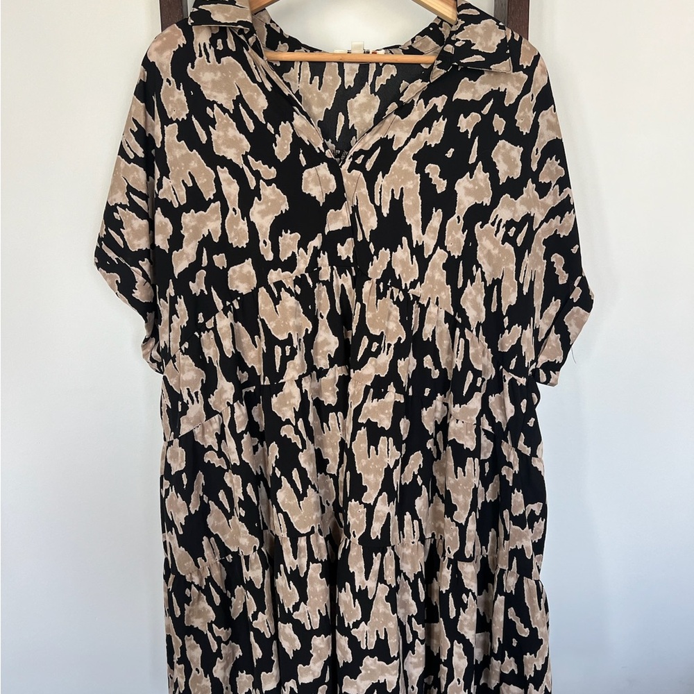 Umgee Size 1X Black Tan Abstract Print Dress Plus Size Women’s Dress